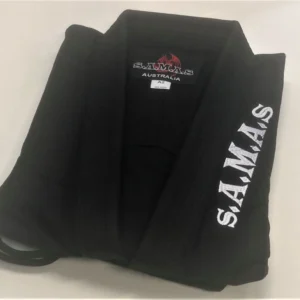 SAMAS Black BJJ Gi, includes White Belt. available in Kids Sizes and Custom Design