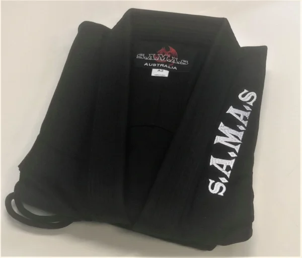 SAMAS Black BJJ Gi, includes White Belt. available in Kids Sizes and Custom Design