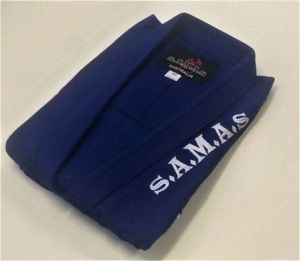 SAMAS Blue BJJ Gi, includes White Belt. available in Kids Sizes and Custom Design