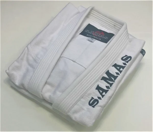 SAMAS White BJJ Gi, includes White Belt. available in Kids Sizes and Custom Design