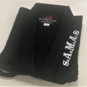SAMAS Black BJJ Gi, includes White Belt. available in Kids Sizes and Custom Design